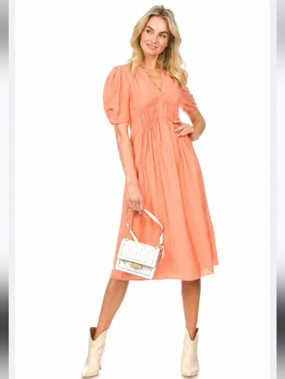 ba&sh Linda Midi Dress  V-neckline short Puff Sleeves Size Small